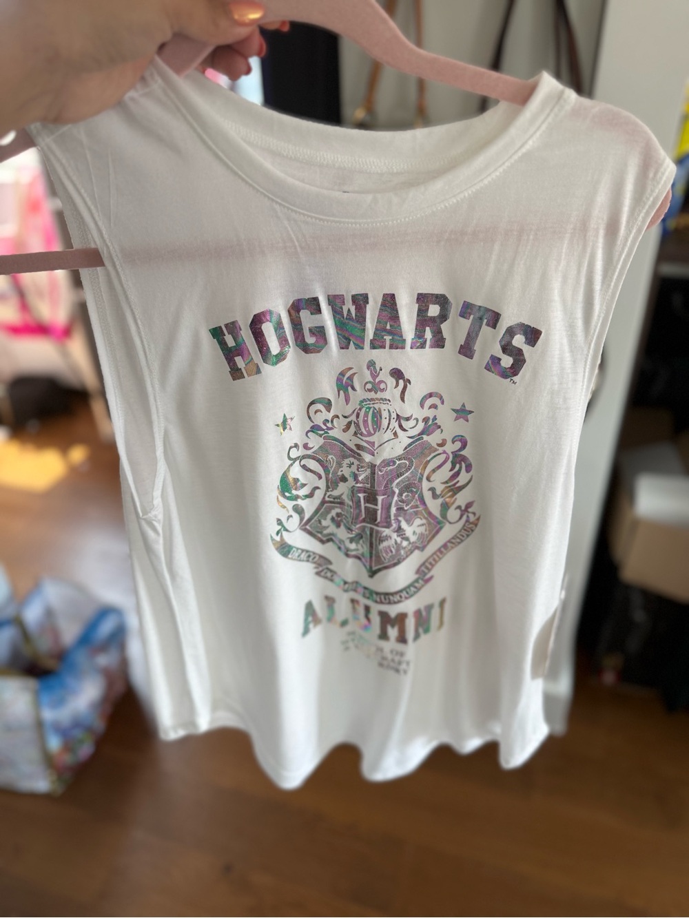 Warner Bros. White Tank with Iridescent Hogwarts Lettering